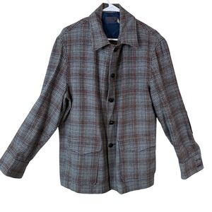 VTG Pendleton Women L Pure Virgin Wool Plaid Jacket Elbow Patches Blue Brown